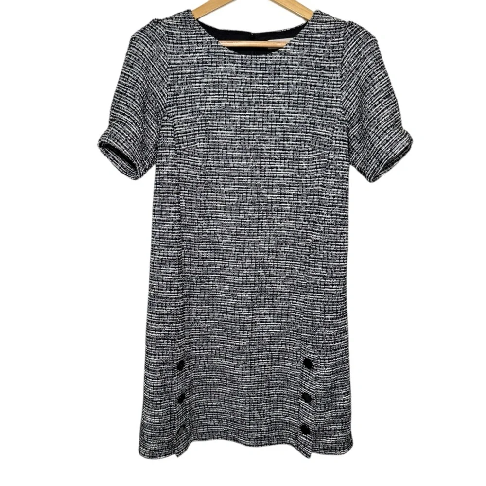 LOFT Tweed Button Shift Dress Black White Detail Short Sleeve Classic 6 - Picture 2 of 9